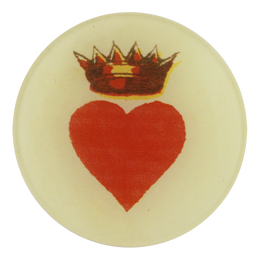 A four inch round red heart with crown titled Crowned Heart