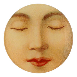 A four inch round handmade decoupage plate titled Sleeping Lady