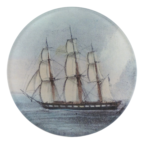 A four inch round handmade decoupage plate titled Tall Ship