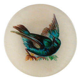 Bathing is a green, black and blue bird on a four inch round handmade decoupage plate. 