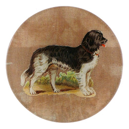 A four inch round handmade decoupage plate titled Doggy