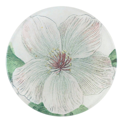 A four inch round handmade decoupage plate titled Lemon Blossom