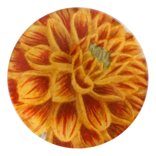 A four inch round handmade decoupage plate titled Orange Dahlia