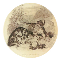 A four inch round handmade decoupage plate titled Rescue Dogs - The Dogs of Mount Saint Bernard