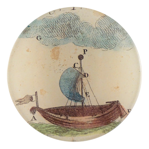 A four inch round handmade decoupage plate titled Single Sail