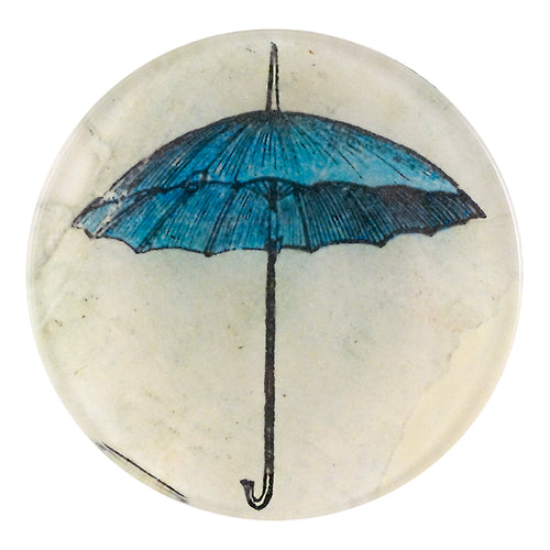 A four inch round homemade decoupage plate titled Umbrella