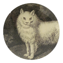 A four inch round handmade decoupage plate titled White Cat