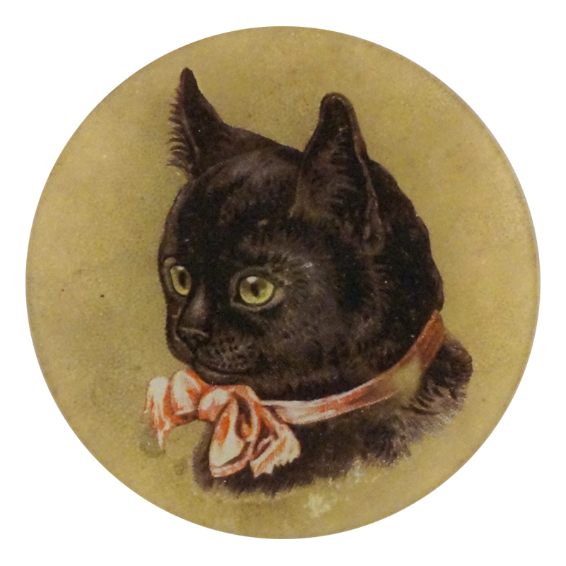 A five inch round glass plate featuring a collage of a black cat with a pink ribbon bow on a beige background. 