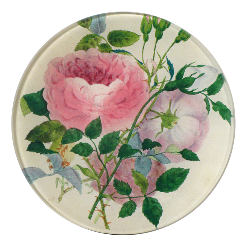 A five inch round glass plate featuring a pink rose and green foliage.