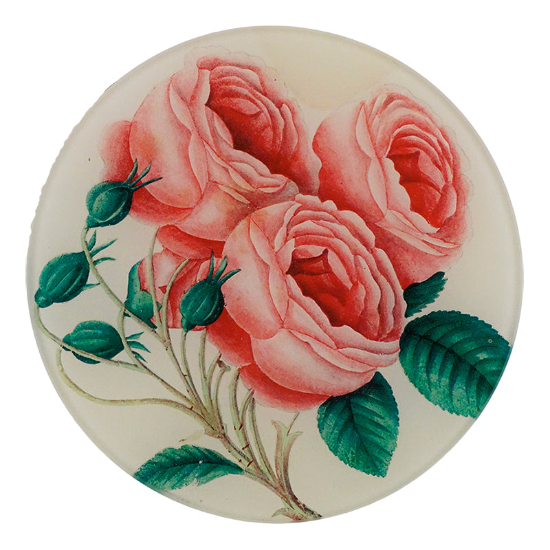A five inch round glass plate featuring three cascading pink roses.