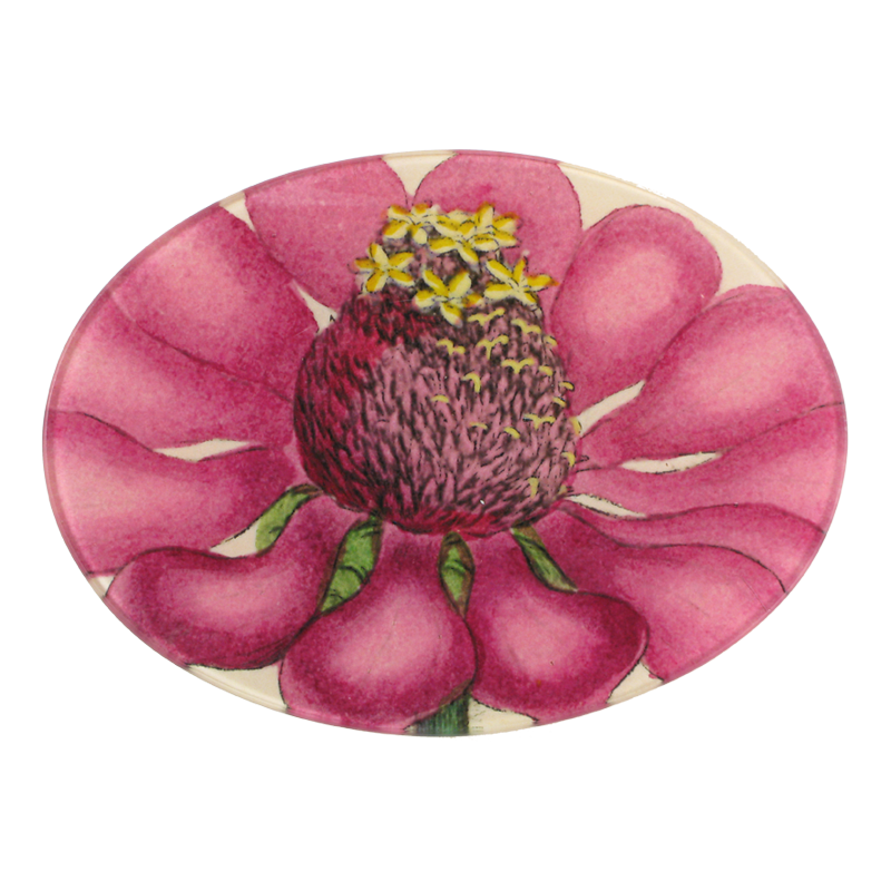 A five inch by seven inch oval glass plate with a close up illustration of a pink zinnia flower.