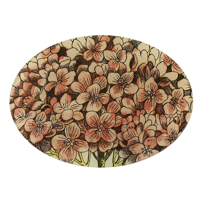 A five inch by seven inch horizontal oval glass plate featuring an illustration of a brown and pink floral design. 