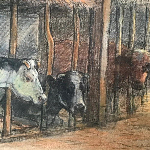 Evert Rabbers Framed "Cows in Barn" Drawing