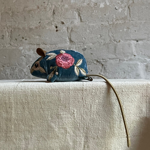 Liza Silk Velvet Embroidered Mouse in Riviera Blue