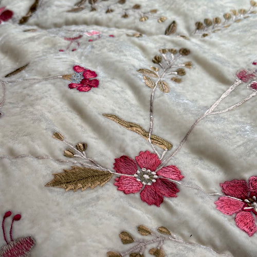 Fresia Silk Velvet Embroidered Queen Throw in Ivory