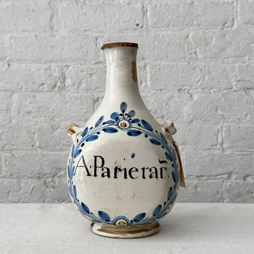 18th Century French Apothecary Jar with blue & White design on a table