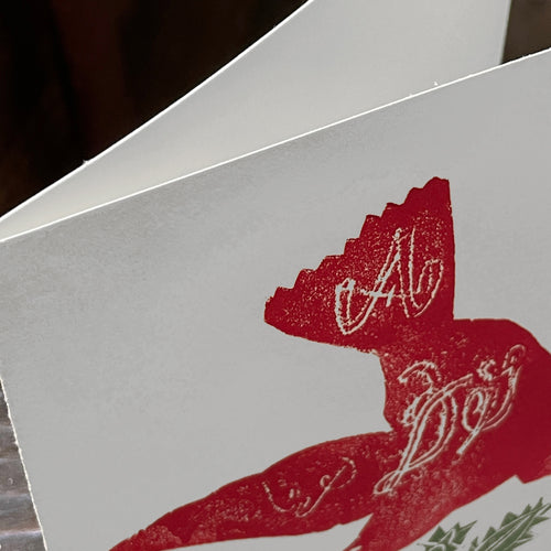 Block Printed Red Holiday Bird Folded Card
