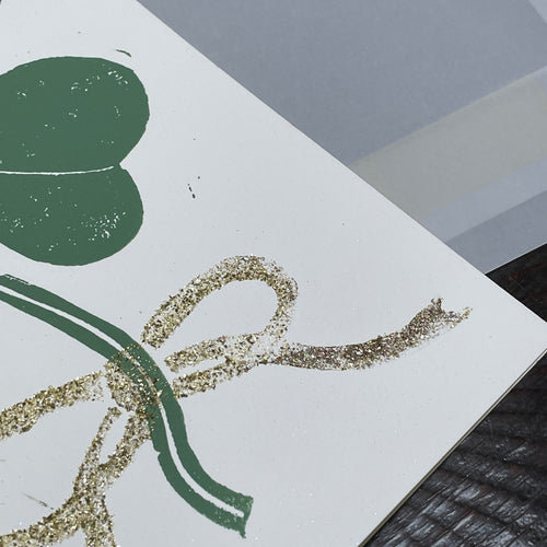 Block Printed Clover with Bow Folded Card