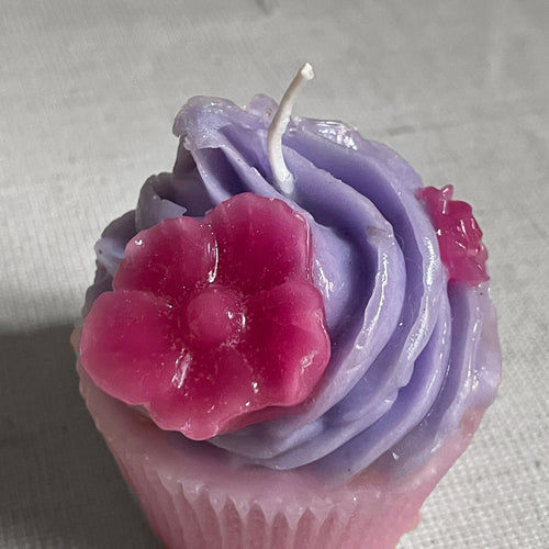 Purple Frosting with Flowers Cupcake Candle