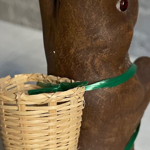 Papier-Mâché Dark Brown Standing Bunny with Wicker Basket