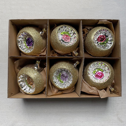 Set of 6 Nostalgic Rose Reflector Ball Ornaments