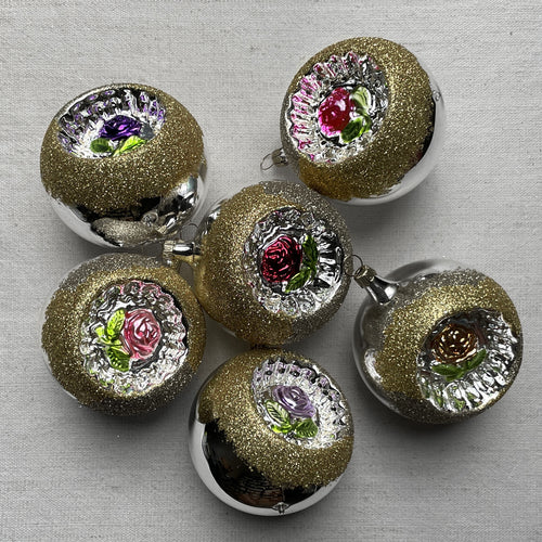Set of 6 Nostalgic Rose Reflector Ball Ornaments