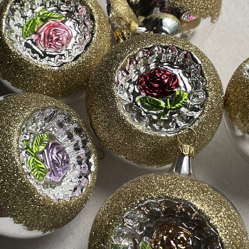 Set of 6 Nostalgic Rose Reflector Ball Ornaments