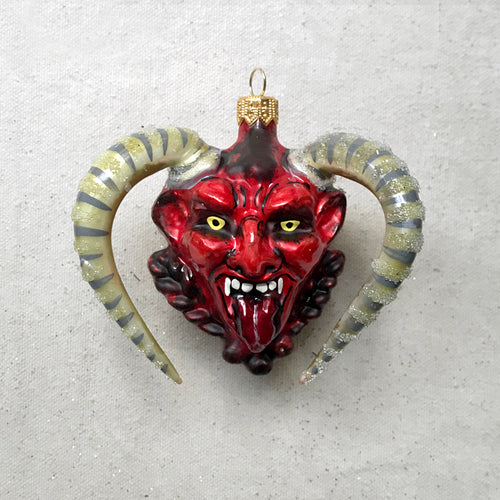 Red Krampus Head with silver striped horns