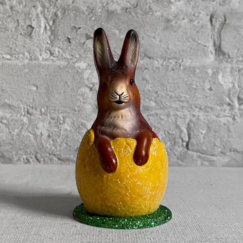Papier Mâché Brown Bunny in Yellow Egg