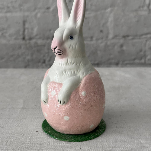 Papier-Mâché White Bunny in Rose Egg