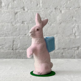 Papier-Mâché Beaded Standing Glitter Bunny in Light Pink with Blue Basket