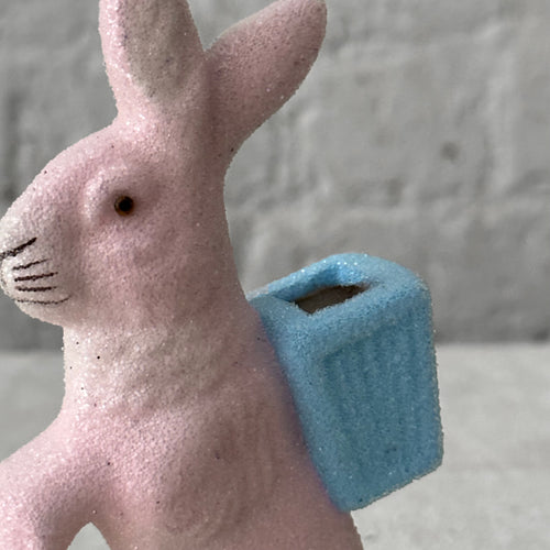 Papier-Mâché Beaded Standing Glitter Bunny in Light Pink with Blue Basket