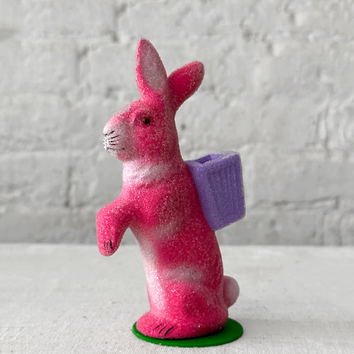 Papier-Mâché Beaded Standing Glitter Bunny in Pink with Purple Basket
