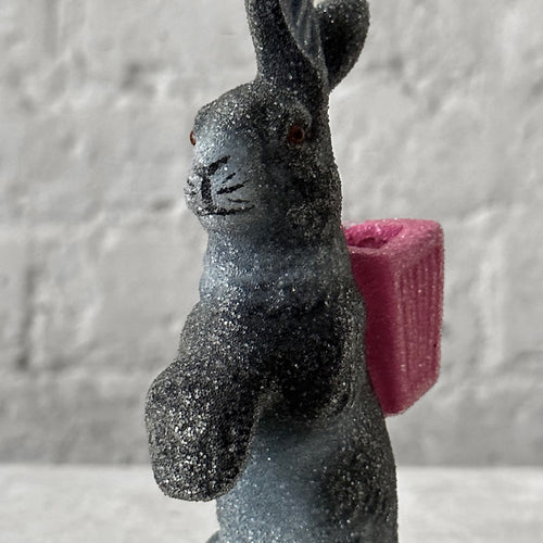 Papier-Mâché Beaded Standing Glitter Bunny in Black with Pink Basket