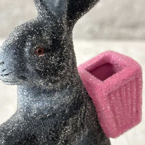 Papier-Mâché Beaded Standing Glitter Bunny in Black with Pink Basket