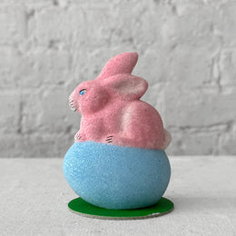 Papier Mâché Beaded Bunny on Egg in Blue & Rose