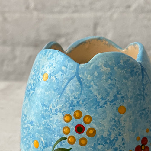 Papier Mâché Blue Egg with Decorated Flowers