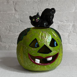 Green Pumpkin Head with Black Cat