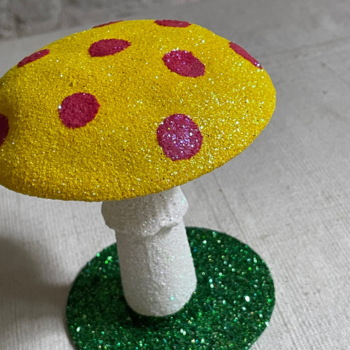 Glitter Mushroom in Neon Yellow with Pink Dots