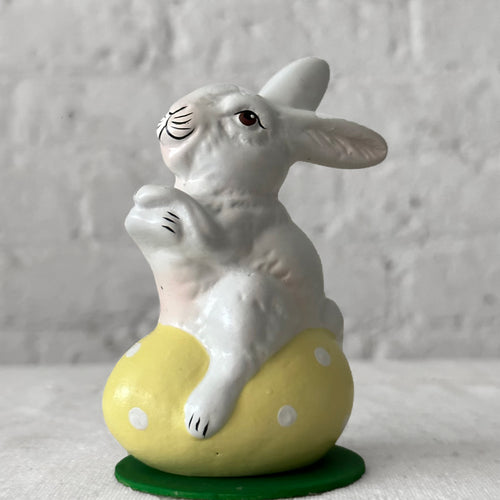 Papier-Mâché Bunny on Egg in Yellow & White Polka Dots