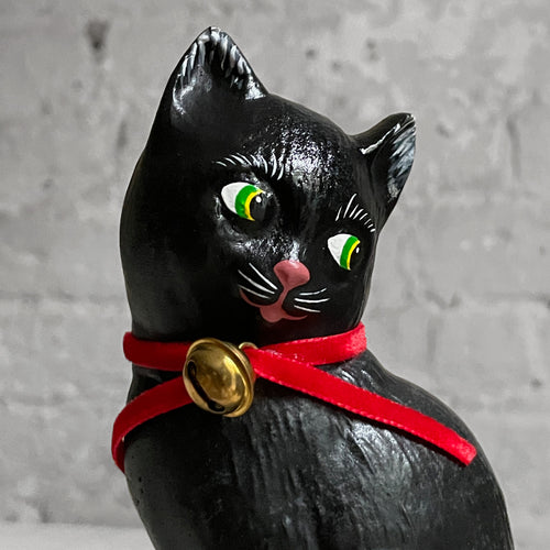 Papier Mâché Black Cat with Bell