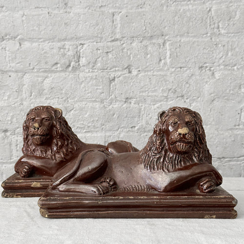 Antique Ceramic Lion Sculpture Pair
