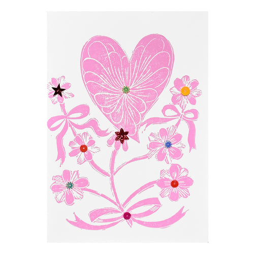 Block Printed Pink Valentine Flower Folded Card