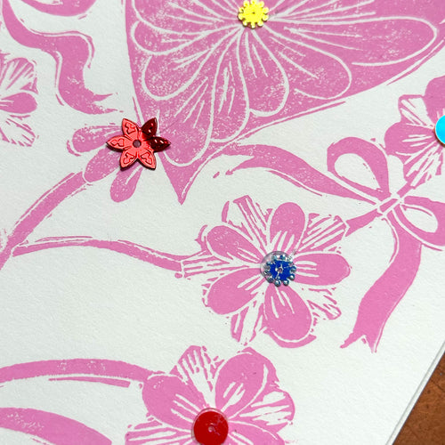 Block Printed Pink Valentine Flower Folded Card