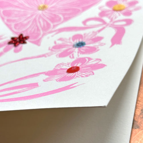 Block Printed Pink Valentine Flower Folded Card