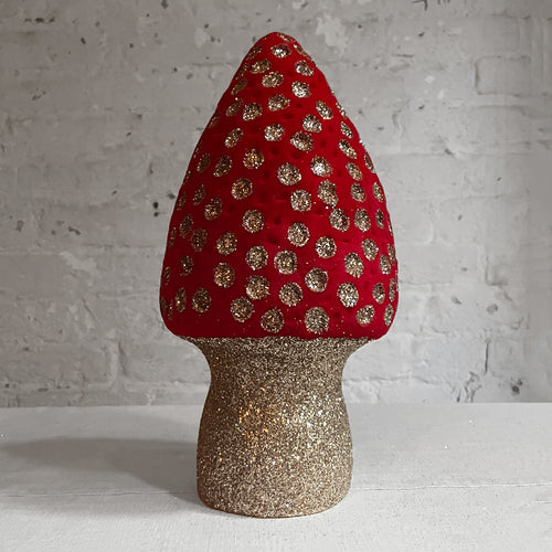 Coned Flocked Glitter Mushroom in Red with Silver Dots