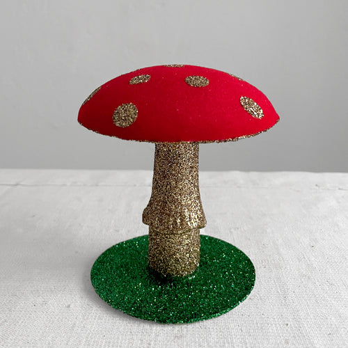 Small Flocked Glitter Mushroom in Red & Gold