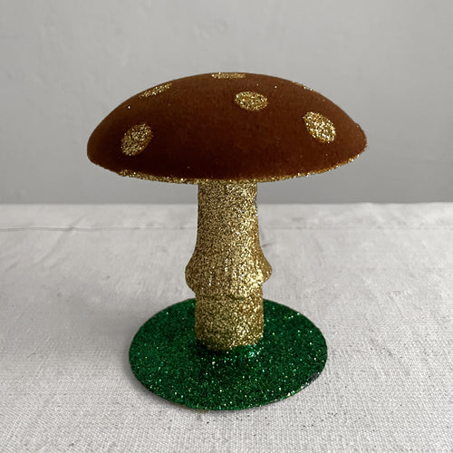 Small Flocked Glitter Mushroom in Brown & Gold