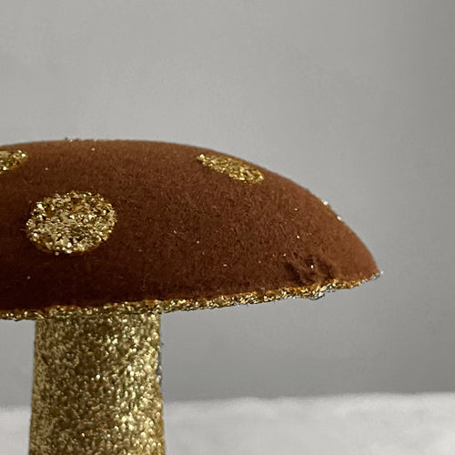 Small Flocked Glitter Mushroom in Brown & Gold