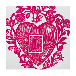 Block Printed Heart Flower Folded Card in Hot Pink
